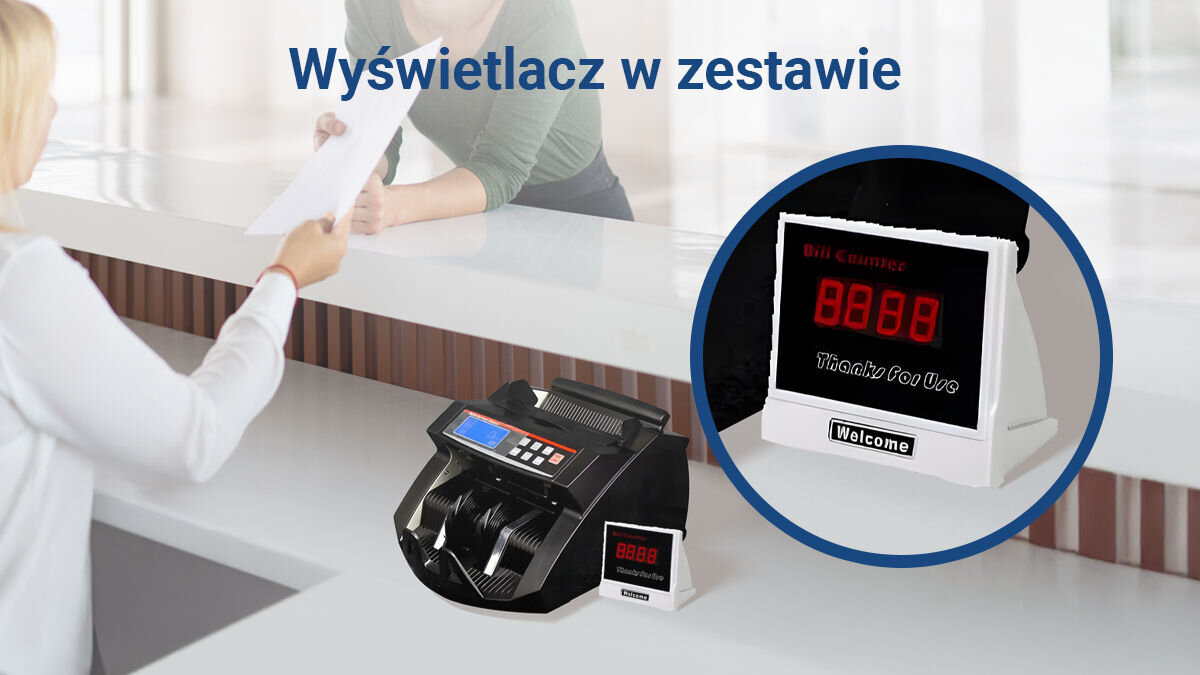 Liczarka nominałowa do banknotów EXTRALINK UV MGF Czarny, wyświetlacz, śledzenie, zaufanie, rozwiązanie, w tle obsługa banku z klientem oraz liczarka na blacie z wyświetlaczem liczącym
