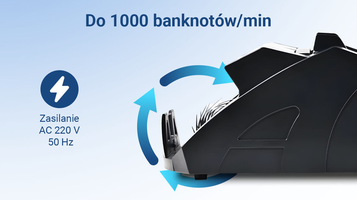 Liczarka nominałowa do banknotów EXTRALINK UV MGF Czarny,  UV MGF Czarny, SEP, system, liczenie, podwójne, ECR, na biało niebieskim tle liczarka wraz z opisem zalety zliczania 1000 banknotów w 1 minutę