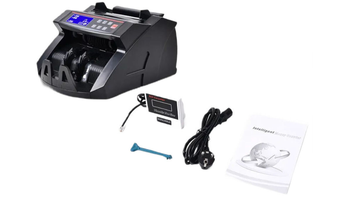 Liczarka nominałowa do banknotów EXTRALINK UV MGF Czarny,  UV MGF Czarny, zestaw, komplet, pakiet, zawartość, na białym tle pełen komplet akcesorii wraz z liczarką