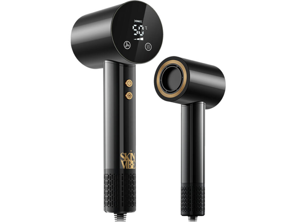 Suszarka SKINVIBE Libra Airloom SV-002BK Czarny 1500W czarna suszarka złote elementy wyświetlacz przyciski białe tło bezszczotkowy silnik prędkość 110 000 obrotów na minutę błyskawiczne suszenie ochrona włosów komfort użytkowania cicha praca 66 dB redukcja hałasu lekka konstrukcja 420 g łatwa wygodne efektywna stylizacja 
