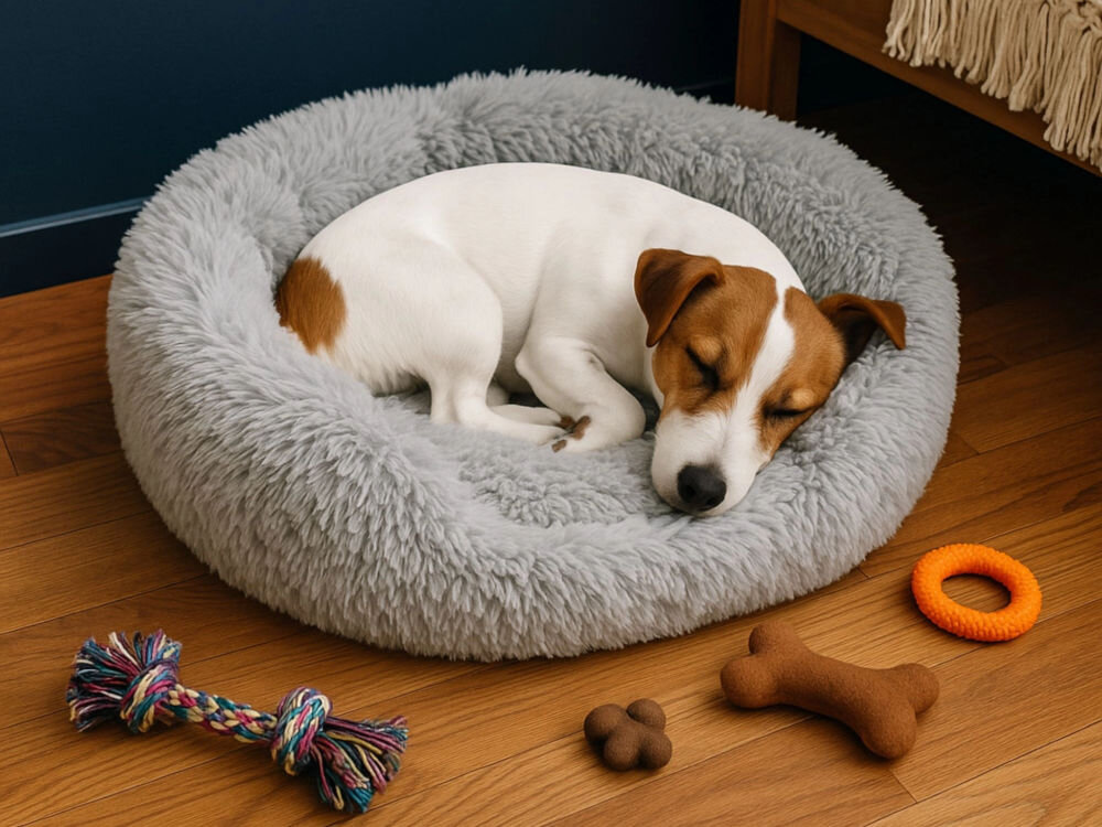 Legowisko uniwersalne PUPILPLANET YF202206022-23 Pies rasy Jack Russell Terrier śpi zwinięty w szarym, okrągłym, pluszowym legowisku. Wokół legowiska, na drewnianej podłodze, leżą zabawki dla psa (kostka i pierścień).