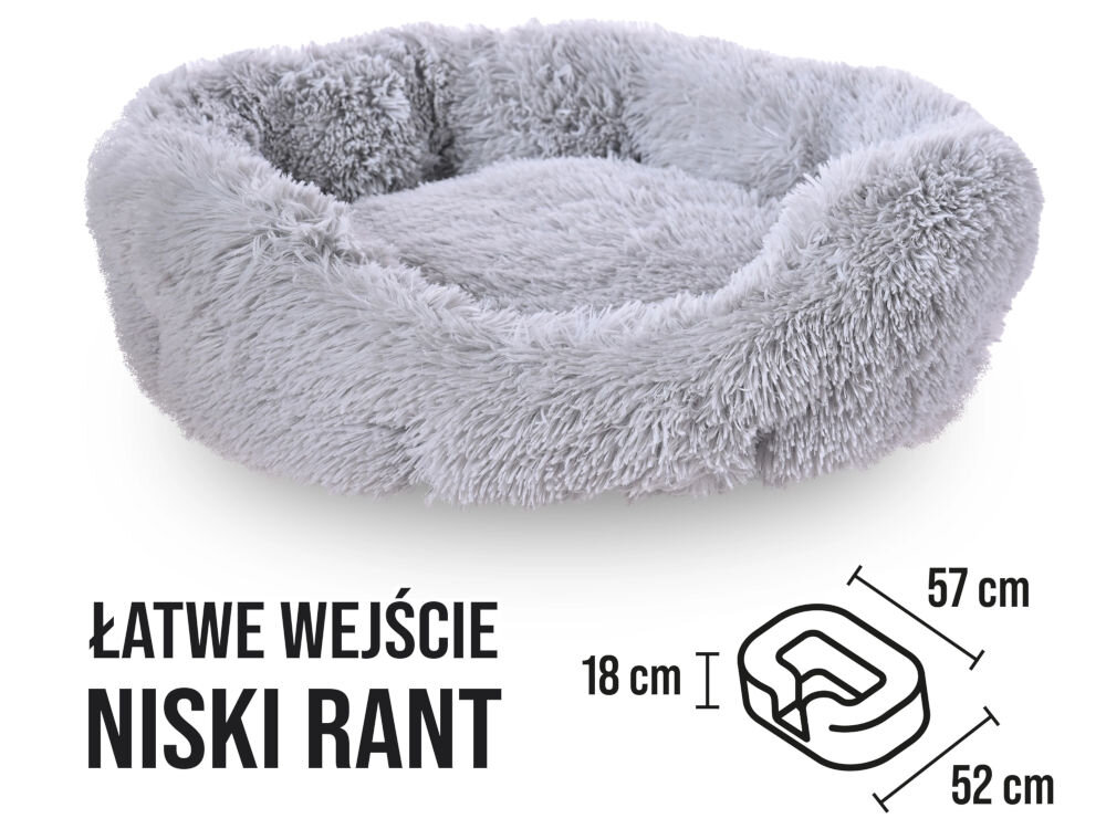 Legowisko uniwersalne PUPILPLANET YF202206022-23 Zdjęcie produktu przedstawiające szare, okrągłe legowisko dla zwierząt z grafiką techniczną i wymiarami: szerokość 57cm, głębokość 52cm, wysokość rantu 18cm. Obok widnieje tekst: ŁATWE WEJŚCIE NISKI RANT.