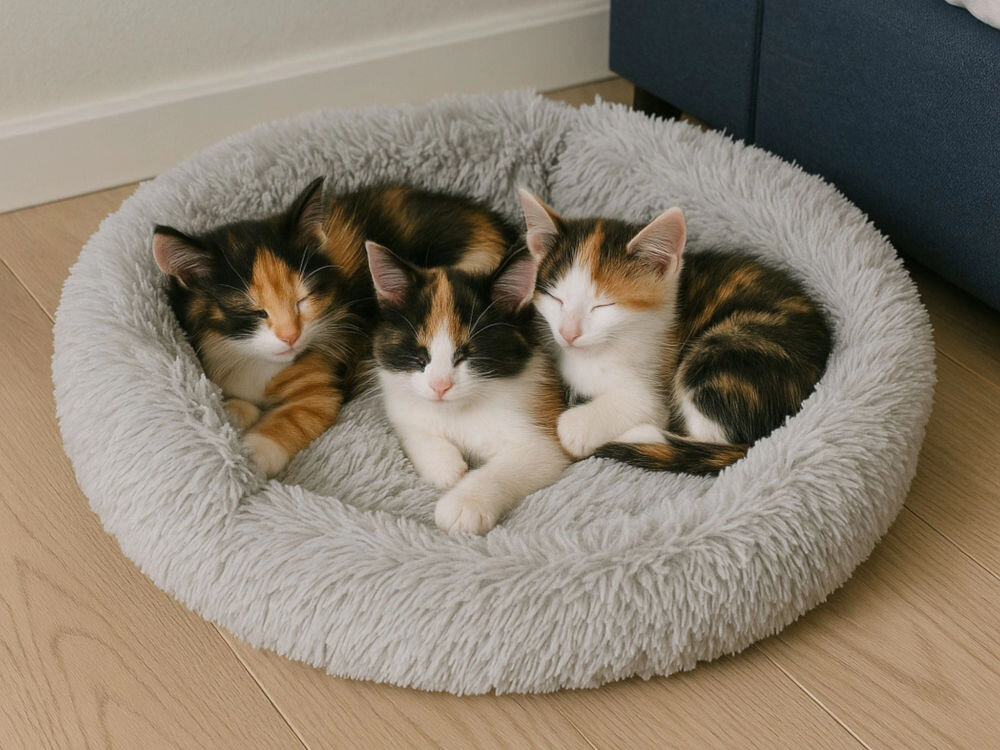 Legowisko uniwersalne PUPILPLANET YF202206022-23 trzy małe, trójkolorowe (calico) kocięta śpią razem, wtulone w szare, okrągłe, pluszowe legowisko na drewnianej podłodze.