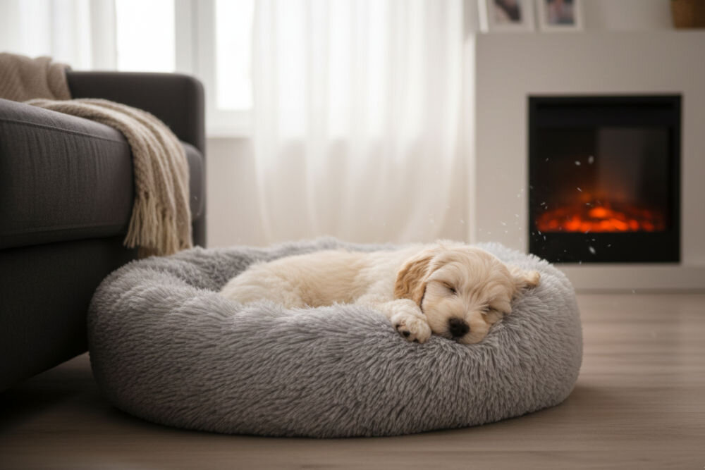 Legowisko uniwersalne PUPILPLANET YF202206022-23 Szczeniak w kolorze kremowym (prawdopodobnie Golden Doodle lub Labrador) śpi zwinięty w szarym, pluszowym legowisku. W tle widać kanapę i kominek.