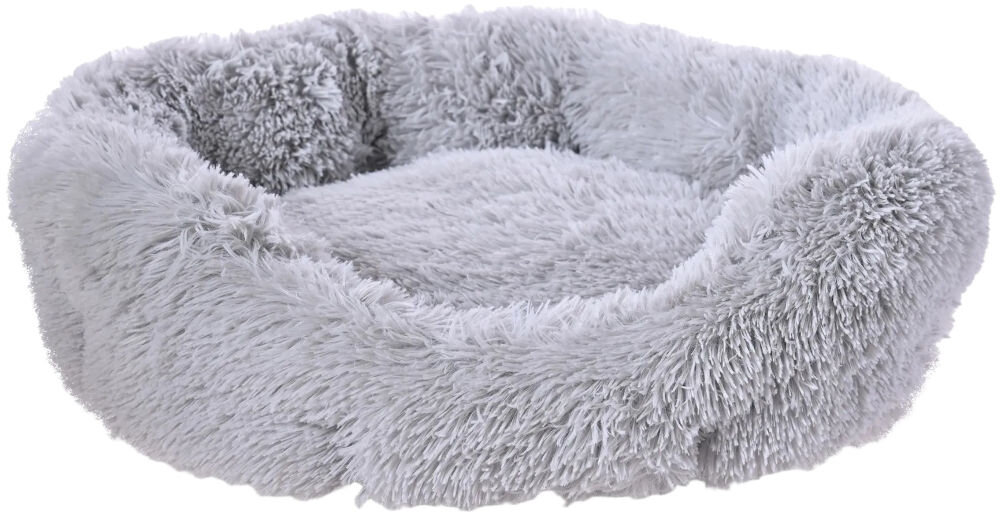 Legowisko uniwersalne PUPILPLANET YF202206022-23 Zdjęcie produktu przedstawiające puste, okrągłe legowisko dla zwierząt, wykonane z długowłosego, szarego pluszu (donut bed).