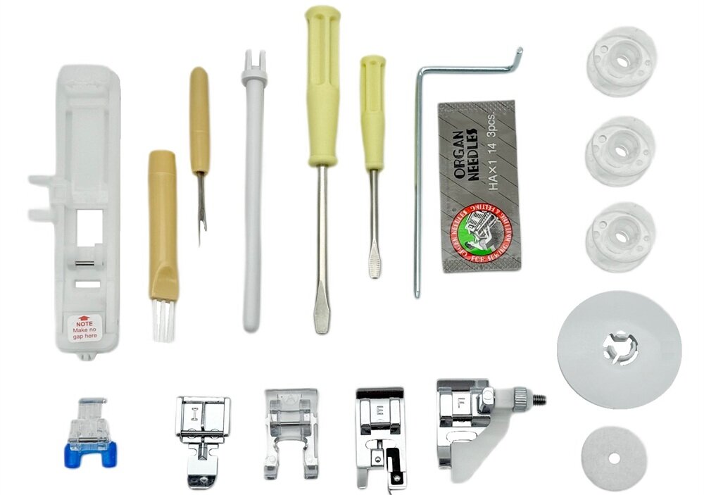 Maszyna do szycia MINERVA SmartDecor bogata zawarość zestawu, 2 stroiki, 8 różnych stopek, dodatkowy trzpień, regulator nożny