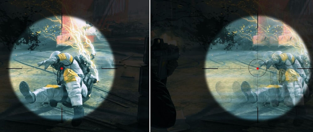 Monitor ACER Vero B277GBMIPRZX 27 cali 1920x1080px IPS 120Hz 4 [GTG] prezentacja płynności wyświetlania porównanie celownik w grze strzelance 120 Hz płynny i czytelny obraz podczas gwałtownych ruchów kamerą kluczowa przewaga