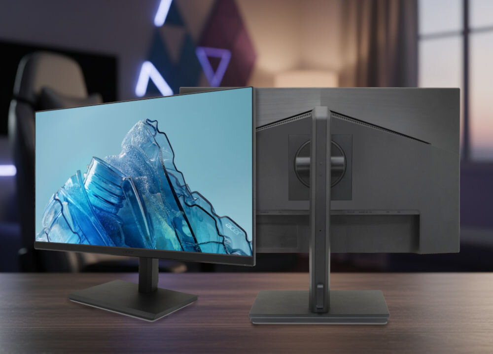 Monitor ACER Vero B277GBMIPRZX 27 cali 1920x1080px IPS 120Hz 4 [GTG] prezentacja monitora od przodu pod kątem i tyłu na tle rozmazanego pokoju