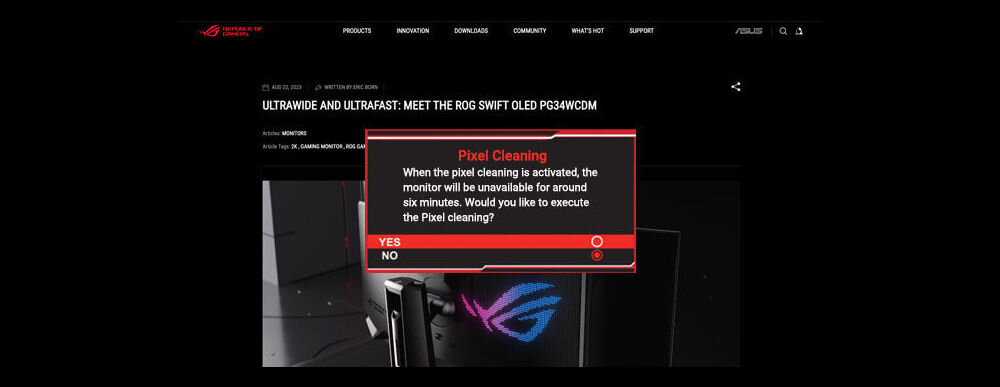 Monitor ASUS ROG Strix XG32UCWMG 32 cali 3840x2160px 240Hz 0.03 ms [GTG] włączone okno na ekranie z funkcją czyszczenia pikseli Odświeżanie kalibracja pikseli zachowanie wysokiej jakości obrazu