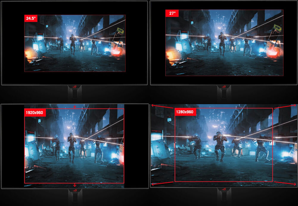 Monitor ASUS ROG Strix XG32UCWMG 32 cali 3840x2160px 240Hz 0.03 ms [GTG] prezentacja możliwych opcji regulacji proporcji obrazu na ekranie włączona gra ciemne tło dostosowanie współczynnika proporcji symulowanie obrazu komfort graczy