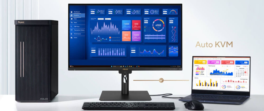 Monitor ASUS ProArt PA32UCE 31.5 cala 3840x2160px IPS monitor obok jednostka stacjonarna i laptop oraz klawiatura i myszka moduł Auto KVM płynna wielozadaniowość sterowanie dwoma komputerami za pomocą jednej myszy i klawiatury usprawnienie pracy