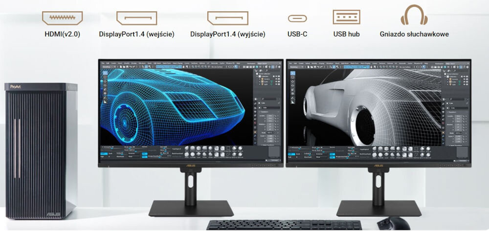 Monitor ASUS ProArt PA32UCE 31.5 cala 3840x2160px IPS dwa monitory obok siebie razem z jednostką centralną oraz myszką i klawiaturą na jasnym tle nad nimi ikony portów porty kompatybilność z szeroką gamą urządzeń