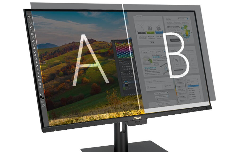 Monitor ASUS ProArt PA32UCE 31.5 cala 3840x2160px IPS prezentacja podzielności ekranu na białym tle PbP PiP stały podgląd