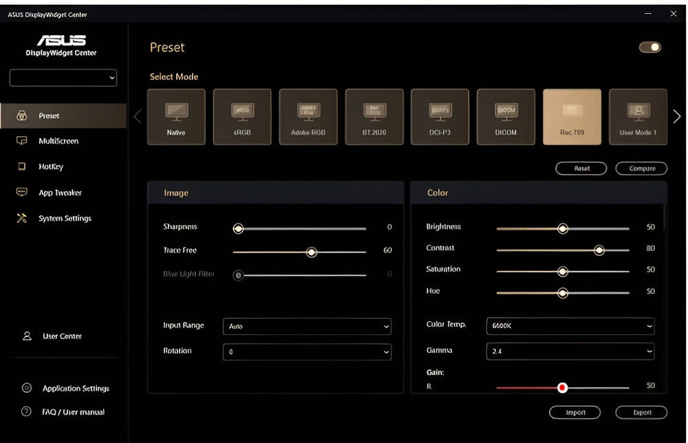 Monitor ASUS ProArt PA32UCE 31.5 cala 3840x2160px IPS pokazanie aplikacji ASUS DisplayWidget Center dostosowanie wszystkich ustawień ekranu za pomocą myszy wygodne narzędzie