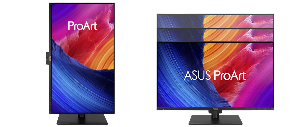 Monitor ASUS ProArt PA32UCE 31.5 cala 3840x2160px IPS pokazanie możliwej regulacji monitora na białym tle Quick-Release standard VESA zagospodarowanie wolnego miejsca