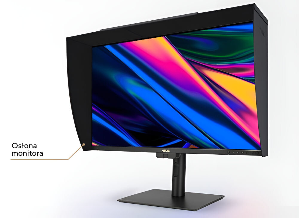 Monitor ASUS ProArt PA32UCE 31.5 cala 3840x2160px IPS monitor pod kątem z założoną osłoną przeciwsłoneczną redukcja odbić z pobliskich źródeł światła uzyskanie wiernego podglądu kolorów