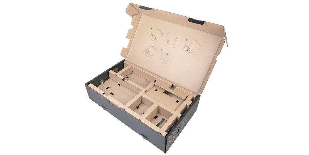 Monitor ASUS ProArt PA32UCE 31.5 cala 3840x2160px IPS opakowanie pod kątem na białym tle opakowanie przyjazne planecie w 100% z kartonu nadającego się do recyklingu redukcja emisji dwutlenku węgla podczas logistyki