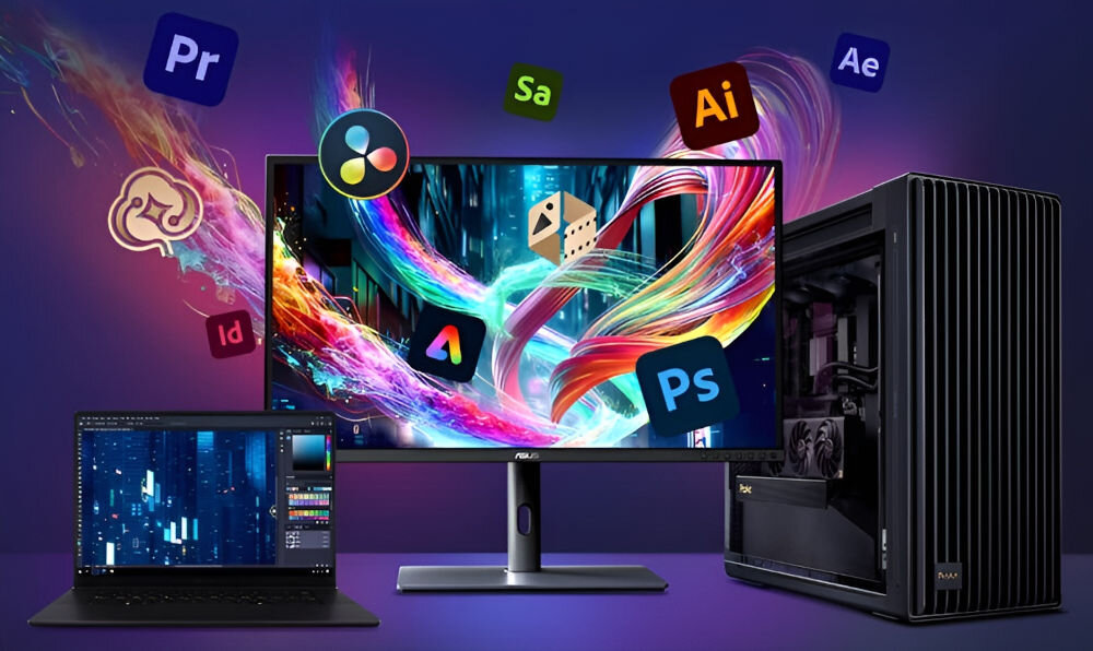 Monitor ASUS ProArt PA32UCE 31.5 cala 3840x2160px IPS monitor na biurku obok laptop i jednostka centralna fioletowe tło i latające ikony programów 4K wysoka jasność dokładność kolorów kompletne narzędzie dla montażystów oraz grafików wsparcie standardu DICOM