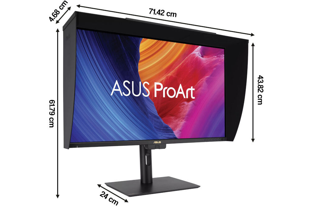 Monitor ASUS ProArt PA32UCE 31.5 cala 3840x2160px IPS monitor pod kątem na białym tle z wymiarami bezpieczne ustawienie monitora stabilność wymiary