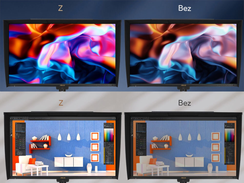 Monitor ASUS ProArt PA32UCE 31.5 cala 3840x2160px IPS porównanie zachowania monitora z czujnikiem światła czujnikiem podświetlenia i bez system Light Sync kompensa odchylenia jasności