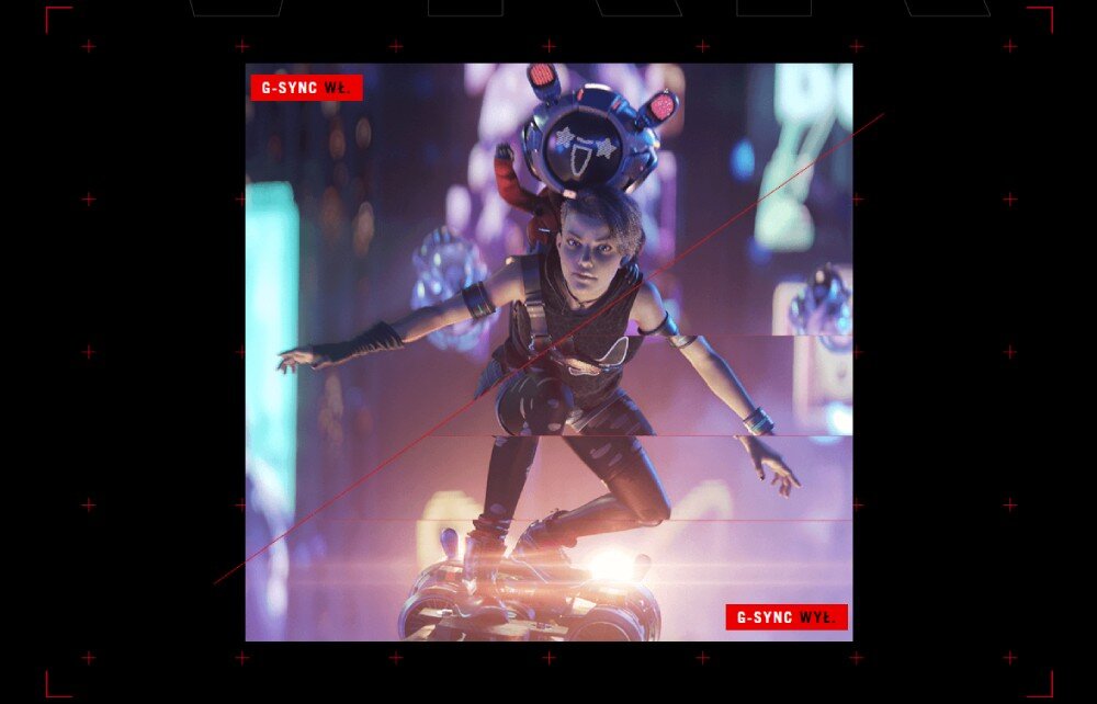 Monitor ASUS ROG Strix XG32UCWG 31.5 cala 3840x2160px 165Hz 0.03 ms [GTG] Porównanie działania technologii synchronizacji obrazu G-SYNC – po lewej obraz płynny, po prawej z rozdzieleniem obrazu i przesunięciami poziomymi, synchronizacja, FreeSync, G-SYNC