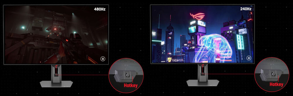 Monitor ASUS ROG Strix XG32UCWG 31.5 cala 3840x2160px 165Hz 0.03 ms [GTG] prezentacja dwóch trybów rozdzielczości na monitorach na ciemnym tle różne gry na ekranach 4K 160 Hz FHD 330 Hz dopasowanie parametrów obrazu do gry
