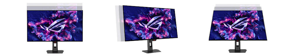 Monitor ASUS ROG Strix XG32UCWG 31.5 cala 3840x2160px 165Hz 0.03 ms [GTG] prezentacja możliwych regulacji monitora na białym tle regulowana podstawa, pochylenie, wysokość dostosowanie pozycji ograniczenie napięcia