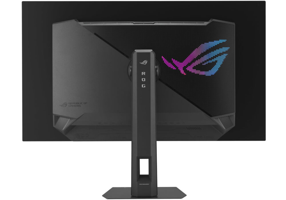 Monitor ASUS ROG Strix XG32UCWG 31.5 cala 3840x2160px 165Hz 0.03 ms [GTG] prezentacja monitora od tyłu na białym tle VESA 100 mm łatwe stabilne przymocowanie oszczędność miejsca uchwyt biurkowy VESA zwiększa powierzchnię roboczą dopasowanie ustawienia ekranu organizacja pracy