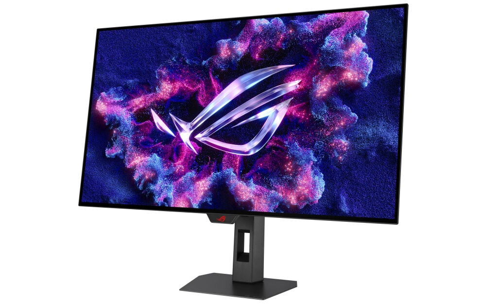 Monitor ASUS ROG Strix XG32UCWG 31.5 cala 3840x2160px 165Hz 0.03 ms [GTG] prezentacja monitora pod kątem na białym tle OLED TrueBlack błyszczący panel zero-haze podkreślenie głębi czerni powłoka antyrefleksyjna ograniczenie odbić