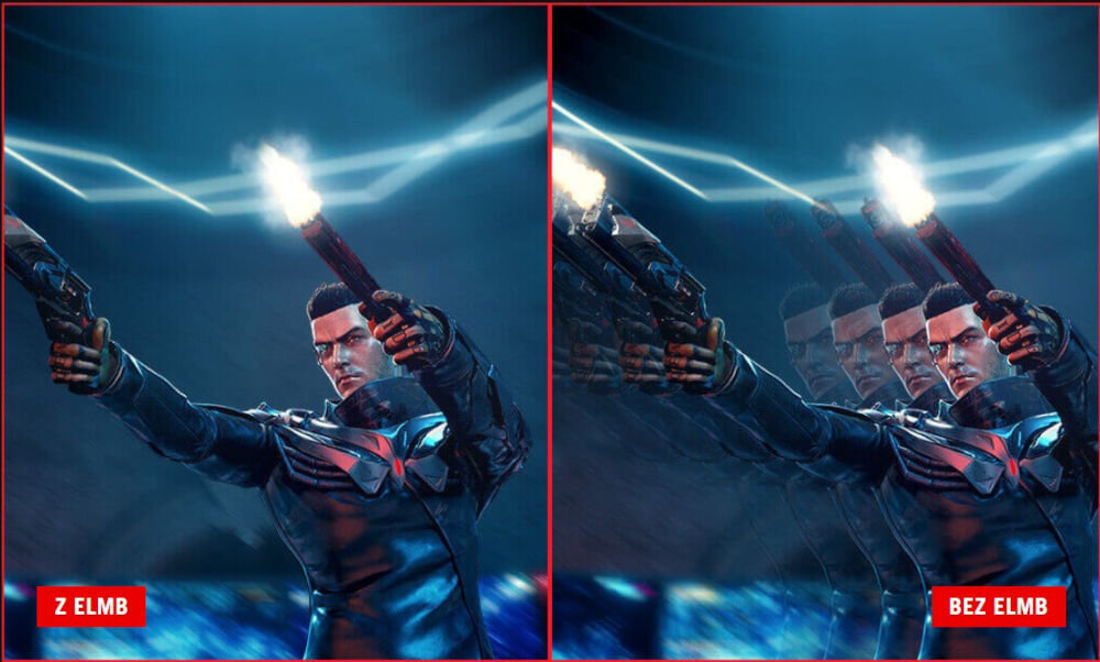 Monitor ASUS ROG Strix XG32UCDS 31.5 cala 3840x2160px 165Hz 0.03 ms [GTG] prezentacja działania technologii ELMB podczas gry postać z bronią porównanie z i bez ELMB ograniczenie smużenia komfort szybka rozgrywka