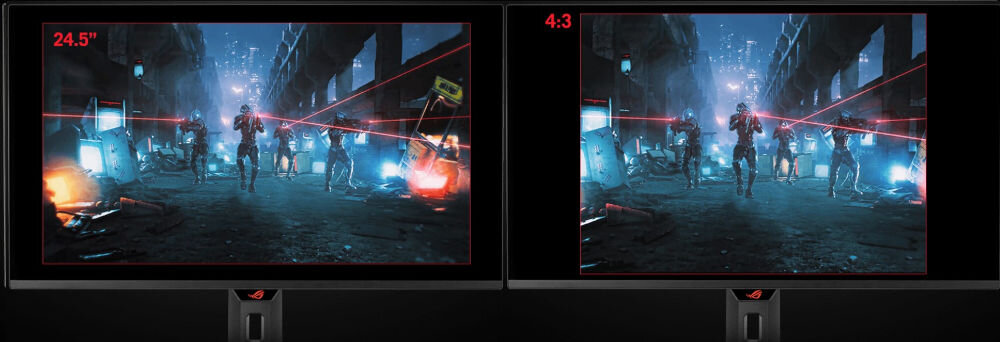 Monitor ASUS ROG Strix XG32UCDS 31.5 cala 3840x2160px 165Hz 0.03 ms [GTG] prezentacja możliwych opcji regulacji proporcji obrazu na ekranie włączona gra ciemne tło dostosowanie współczynnika proporcji symulowanie obrazu komfort graczy tryby