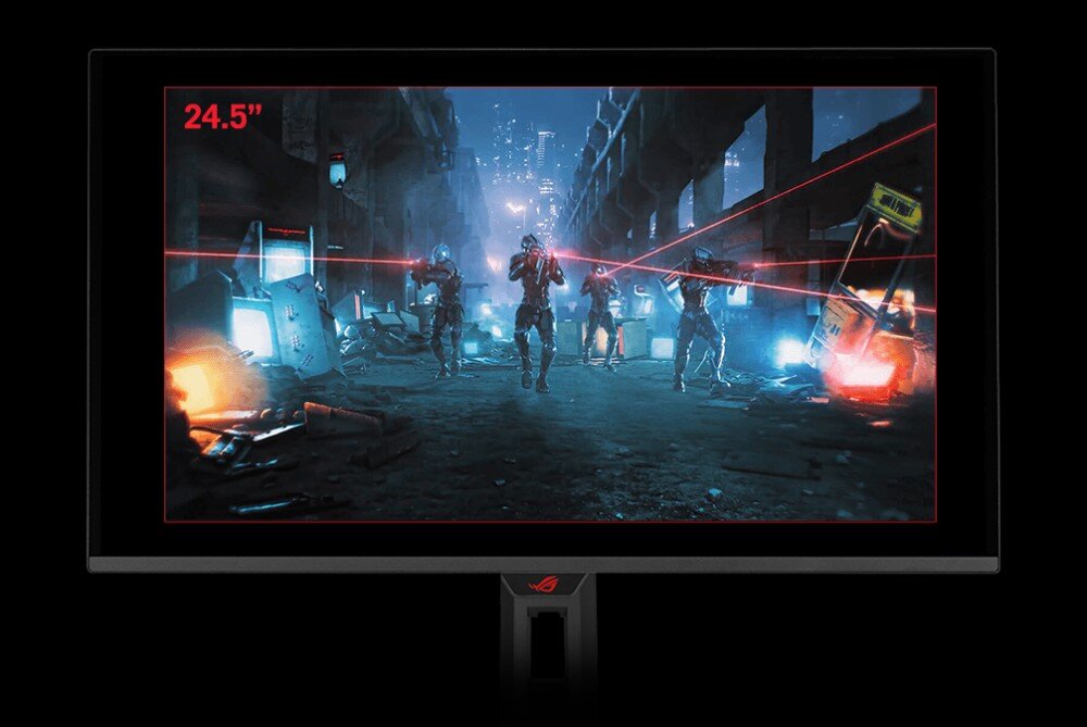 Monitor ASUS ROG Strix XG27AQDPG Monitor gamingowy wyświetlający dynamiczną scenę z gry z czerwoną ramką ograniczającą obszar roboczy do rozmiaru 24.5 cala na czarnym tle panelu, przełączanie formatu