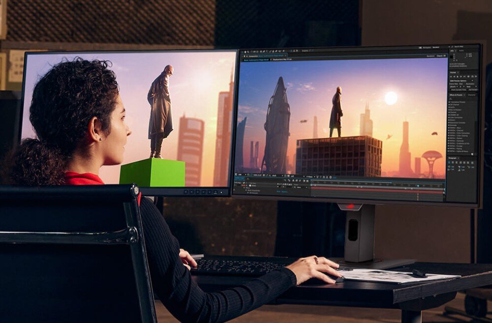 Monitor ASUS ROG Strix XG27AQDPG Kobieta o kręconych włosach pracująca przy dwóch monitorach, na ekranach widoczny jest interfejs programu do montażu wideo z kadrfilmowym przedstawiającym postać na tle panoramy miasta o zachodzie słońca, limit odświeżania, eliminacja migotania