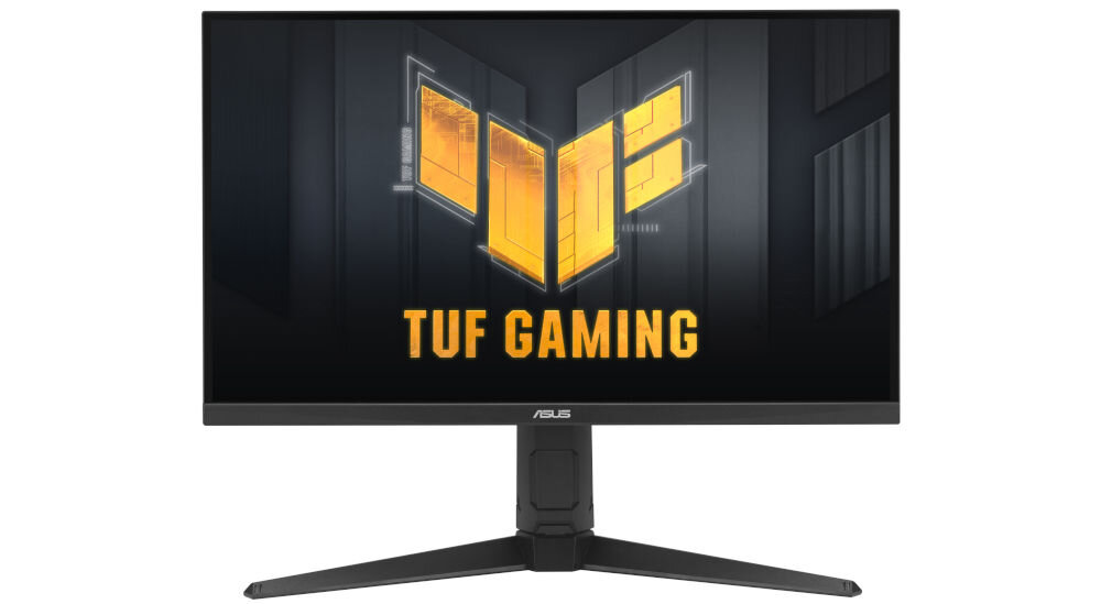 Monitor ASUS TUF Gaming VG27AQL5A 27 cali 2560 x 1440px IPS 210Hz 0.3 ms [GTG] prezentacja monitora od przodu na białym tle na ekranie napis TUF GAMING logo oraz nazwa firmy 27 cali rozdzielczość odświeżanie czas reakcji ELMB płynność ostry obraz