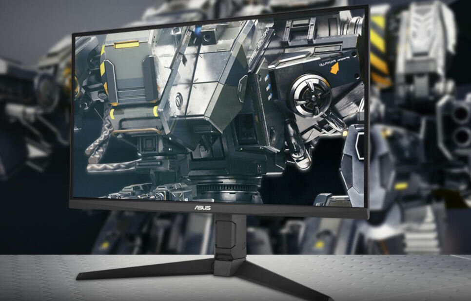 Monitor ASUS TUF Gaming VG27AQL5A 27 cali 2560 x 1440px IPS 210Hz 0.3 ms [GTG] prezentacja monitora od przodu pod kątem na ekranie robot wychodzący poza ekran