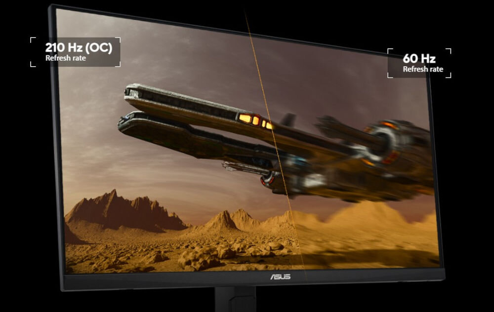 Monitor ASUS TUF Gaming VG27AQL5A 27 cali 2560 x 1440px IPS 210Hz 0.3 ms [GTG] porównanie częstotliwości odświeżania 210 Hz i 60 Hz na ekranie lecący statek kosmiczny czarne tło podkręcane odświeżanie 210 Hz pozbycie się opóźnień i efektów rozmycia przewaga