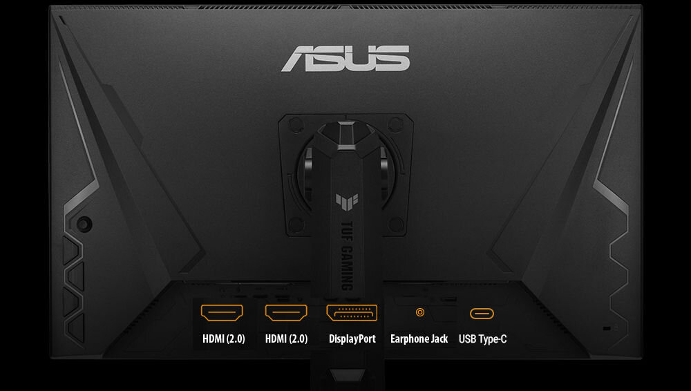 Monitor ASUS TUF Gaming VG27AQL5A 27 cali 2560 x 1440px IPS 210Hz 0.3 ms [GTG] prezentacja monitora od tyłu na czarnym tle z zaznaczonymi portami złącza szeroka kompatybilność elastyczność