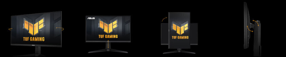 Monitor ASUS TUF Gaming VG27AQL5A 27 cali 2560 x 1440px IPS 210Hz 0.3 ms [GTG] prezentacja możliwej regulacji ekranu na czarnym tle ergonomiczny stojak dopasuj do wygodnej pozycji komfort regulacja w wielu płaszczyznach kąt nachylenia obrót regulacja wysokości pivot