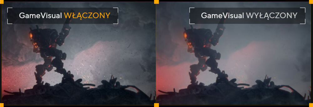 Monitor ASUS TUF Gaming VG27AQL5A 27 cali 2560 x 1440px IPS 210Hz 0.3 ms [GTG] porównanie działania funkcji GameVisual w grze z robotami i bez niej 7 predefiniowanych trybów wyświetlania optymalizacja obrazu gry filmy praca