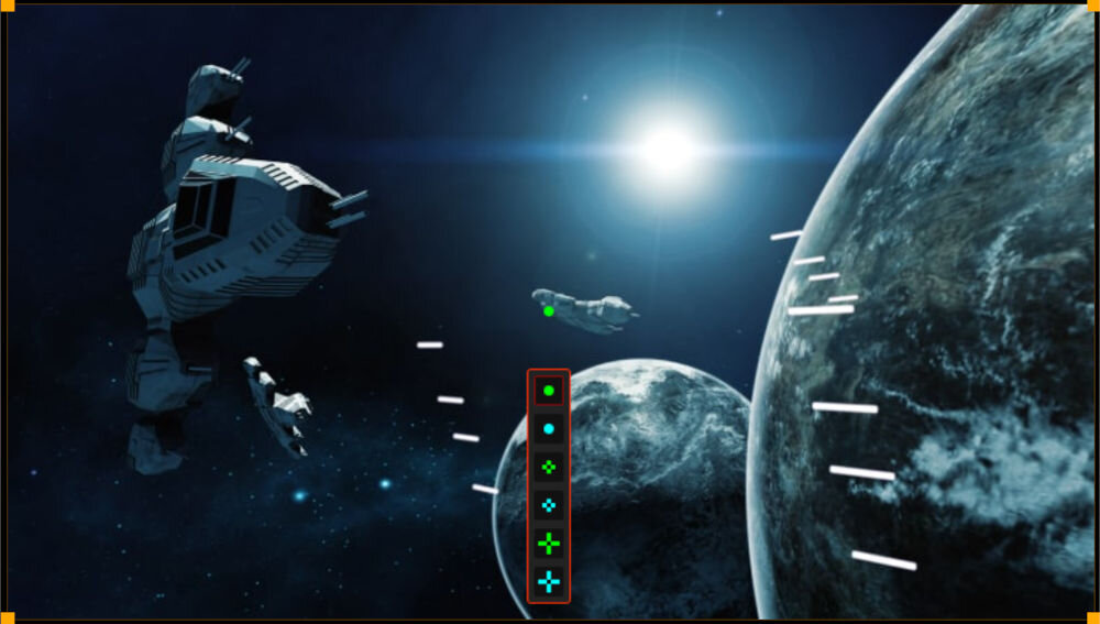 Monitor ASUS TUF Gaming VG249QM5A 23.8 cala 1920x1080px IPS 240Hz 0.3 ms [GTG] prezentacja działania GamePlus podczas grania w grę statek kosmiczny w tle planety wybór celownika funkcja stworzona we współpracy z profesjonalnymi graczami narzędzia usprawniające rozgrywkę i wspierające trening i kontrolę