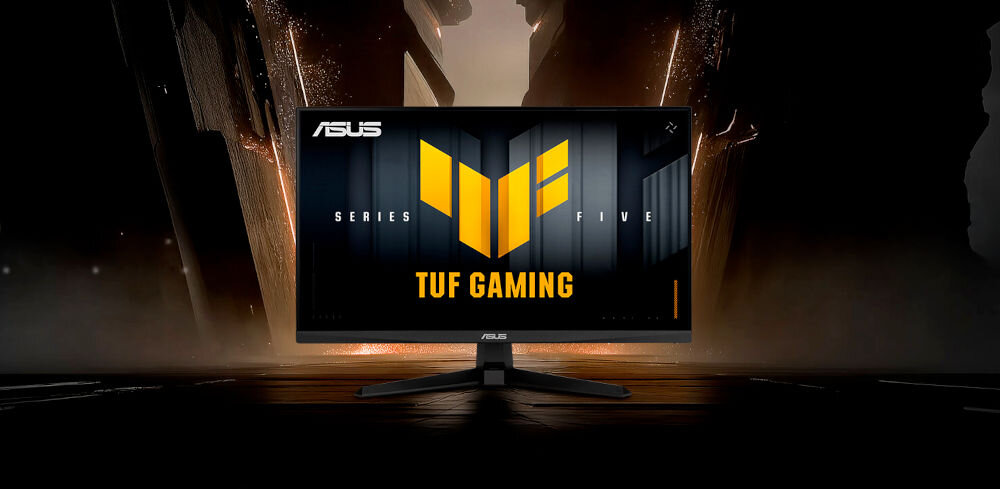 Monitor ASUS TUF Gaming VG249QM5A 23.8 cala 1920x1080px IPS 240Hz 0.3 ms [GTG] prezentacja monitora od przodu ciemne tło z przebijającym się światłem