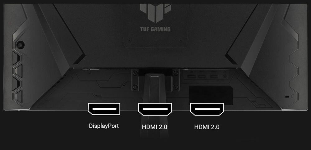 Monitor ASUS TUF Gaming VG249QM5A 23.8 cala 1920x1080px IPS 240Hz 0.3 ms [GTG] zbliżenie na monitor od tyłu na ciemnym tle z zaznaczonymi portami