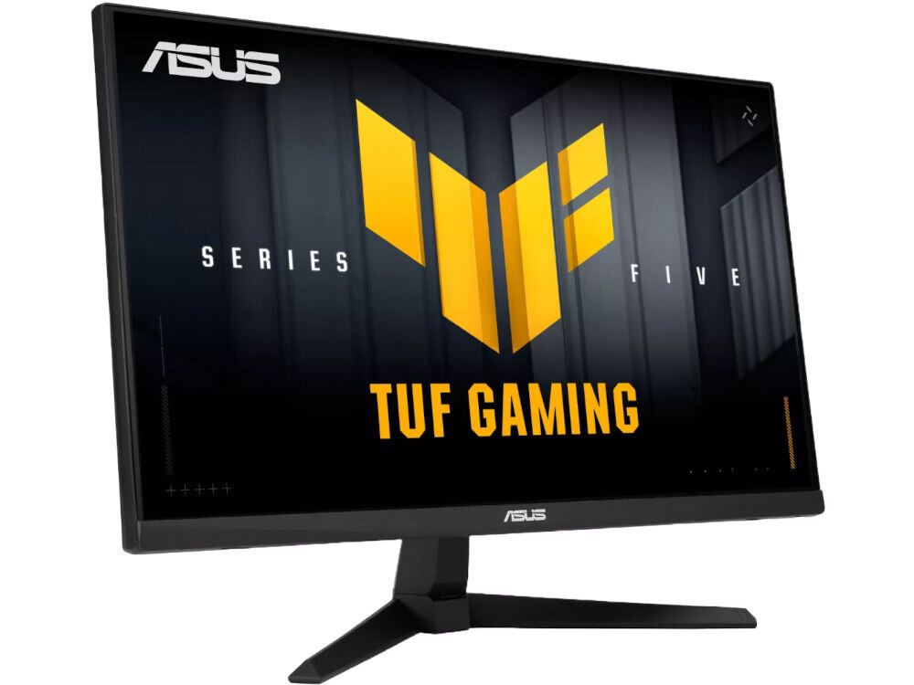 Monitor ASUS TUF Gaming VG249QM5A 23.8 cala 1920x1080px IPS 240Hz 0.3 ms [GTG] prezentacja monitora od przodu pod kątem na białym tle dopasuj do wygodnej pozycji kąt nachylenia
