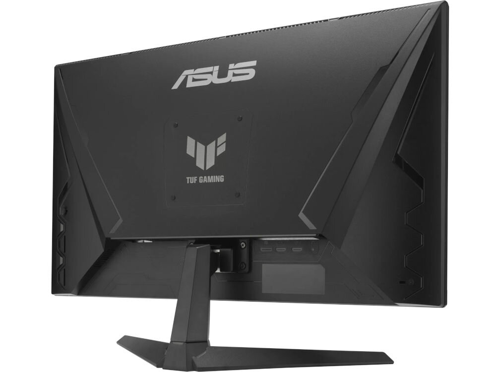 Monitor ASUS TUF Gaming VG249QM5A 23.8 cala 1920x1080px IPS 240Hz 0.3 ms [GTG] prezentacja monitora od tyłu pod kątem na białym tle dwa głośniki 2W bez potrzeby podłączania dodatkowego sprzętu audio