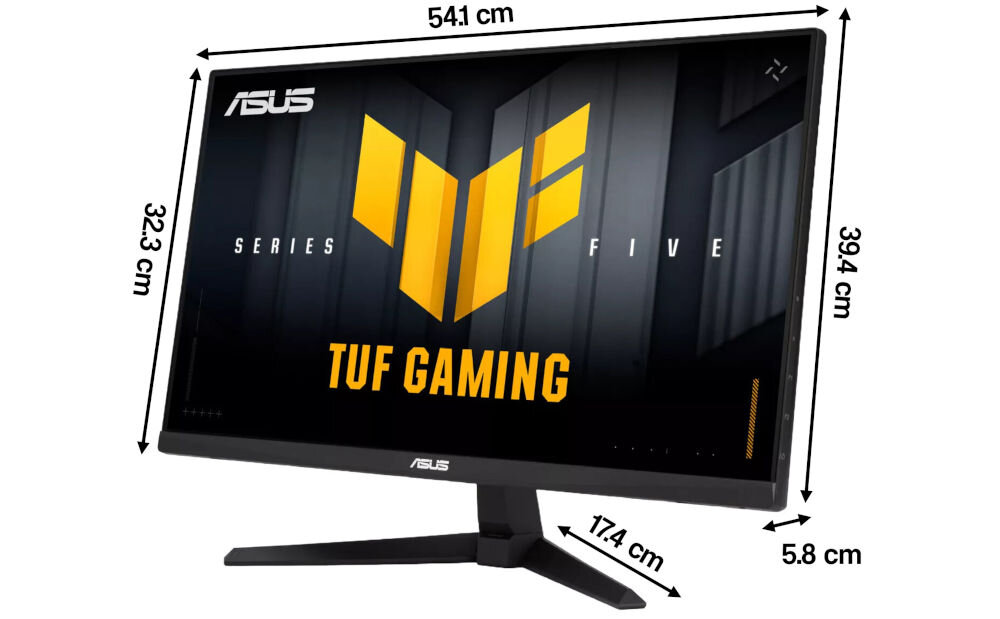 Monitor ASUS TUF Gaming VG249QM5A 23.8 cala 1920x1080px IPS 240Hz 0.3 ms [GTG] prezentacja monitora na białym tle od przodu pod kątem z wymiarami elegancki design podstawa stabilność