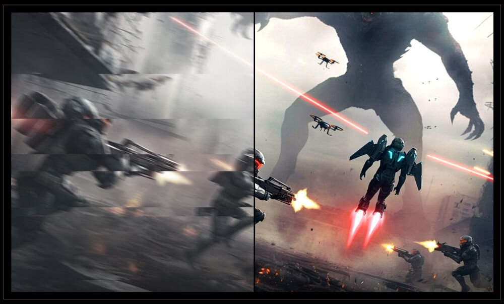 Monitor ASUS TUF Gaming VG249QM5A 23.8 cala 1920x1080px IPS 240Hz 0.3 ms [GTG] porównanie działania gry z technologiami i bez w grze NVIDIA G-SYNC AMD FreeSync Premium dopasowanie częstotliwości odświeżania ekranu płynna animacja