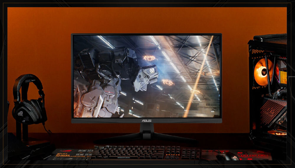 Monitor ASUS TUF Gaming VG249QM5A 23.8 cala 1920x1080px IPS 240Hz 0.3 ms [GTG] prezentacja monitora na gamingowym biurku obok komputer klawiatura myszka słuchawki ELMB brak smużenia i rozmycia płynność responsywność Fast IPS czas reakcji