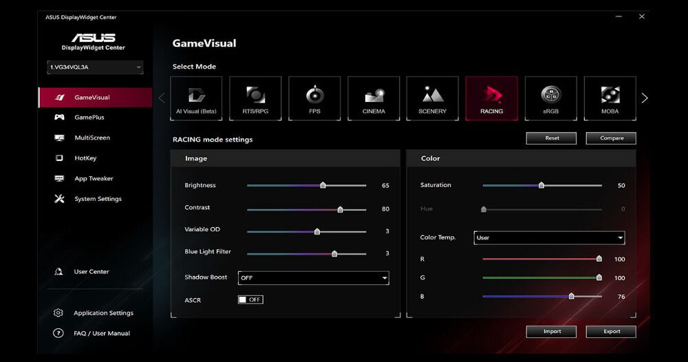Monitor ASUS TUF Gaming VG249QM5A 23.8 cala 1920x1080px IPS 240Hz 0.3 ms [GTG] prezentacja oprogramowania ASUS DisplayWidget Center czarne tło modyfikacja ustawień dopasuj do preferencji GamePlus ASUS GameVisual