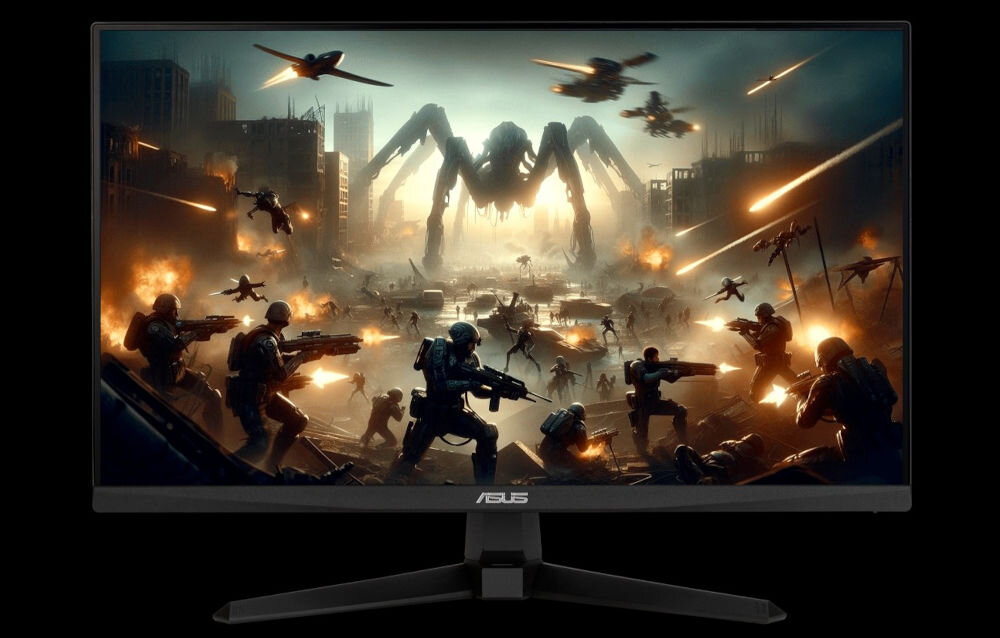 Monitor ASUS TUF Gaming VG249QM5A 23.8 cala 1920x1080px IPS 240Hz 0.3 ms [GTG] prezentacja monitora na czarnym tle 99% sRGB nasycone kolory szczegółowy obraz