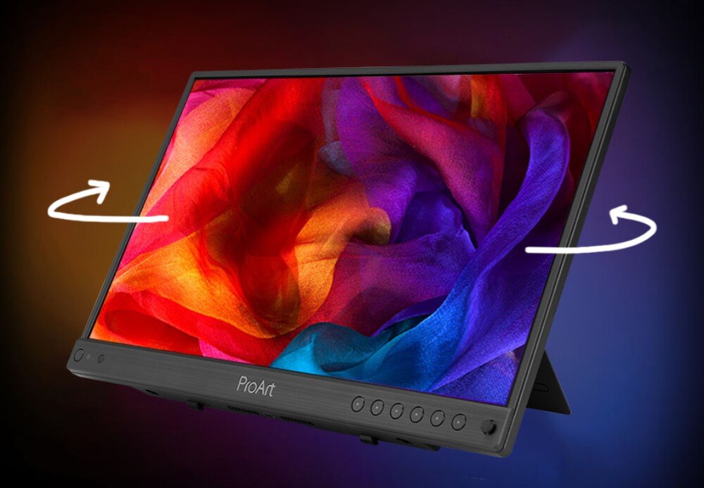 Monitor ASUS ProArt PA16USV monitor ustawiony pod kątem na ciemnym tle, wyświetlający kolorowe tkaniny w odcieniach czerwieni, fioletu i niebieskiego, z dwiema białymi zakrzywionymi strzałkami wskazującymi na boki, rozdzielczość, matryca, przekątna